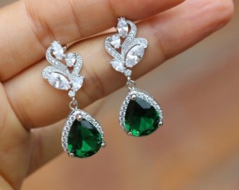 silver Emerald earring green earring wedding earring drop earring bridesmaid earring
