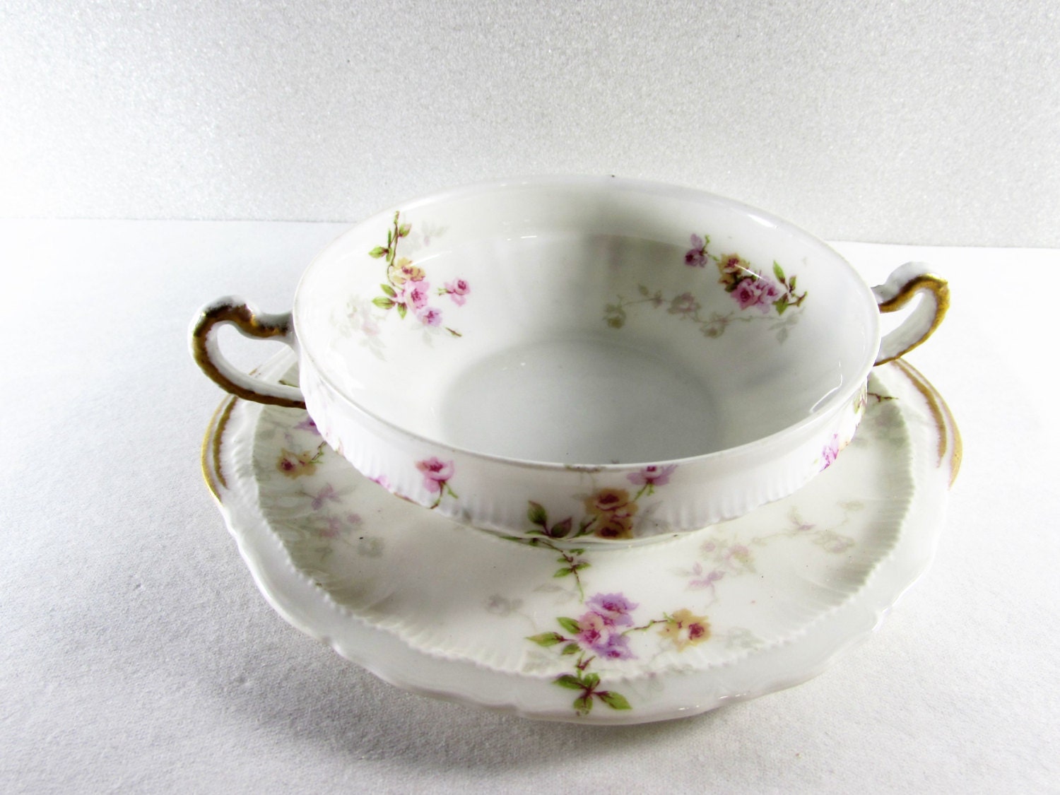 Theodore Haviland Bouillon Bowl with Plate Pink Roses Limoges