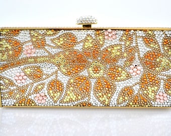 Swarovski Elements motifs Minaudière Floral Golden Sun Rose jaune sac rectangle d'embrayage orange Cristal Métal