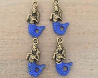 4 Mermaid Charms, hand painted mermaids, cobalt blue mermaids, DIY, USA Charms