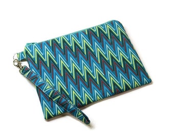 Teal fabric women iphone double zippered wristlet wallet, phone purse.