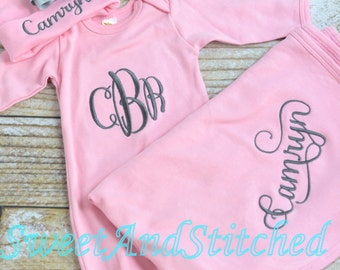 Personalized Baby Girl Blanket pink, Baby girl layette gift set, baby girl hospital set, personalized baby blanket and hospital hat