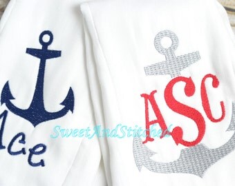 Monogrammed Nautical Burp Cloth set for boys, red, gray and navy, baby shower gift, baby boy layette, personalized burp cloths monogram