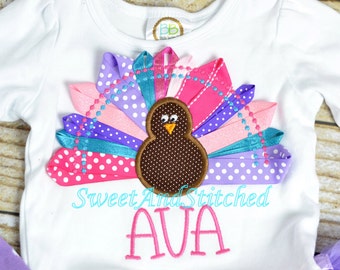 Girls Thanksgiving shirt personalized, personalized girls Turkey outfit with ribbon applique, girl turkey outfit! Thanksgiving tutu outfit