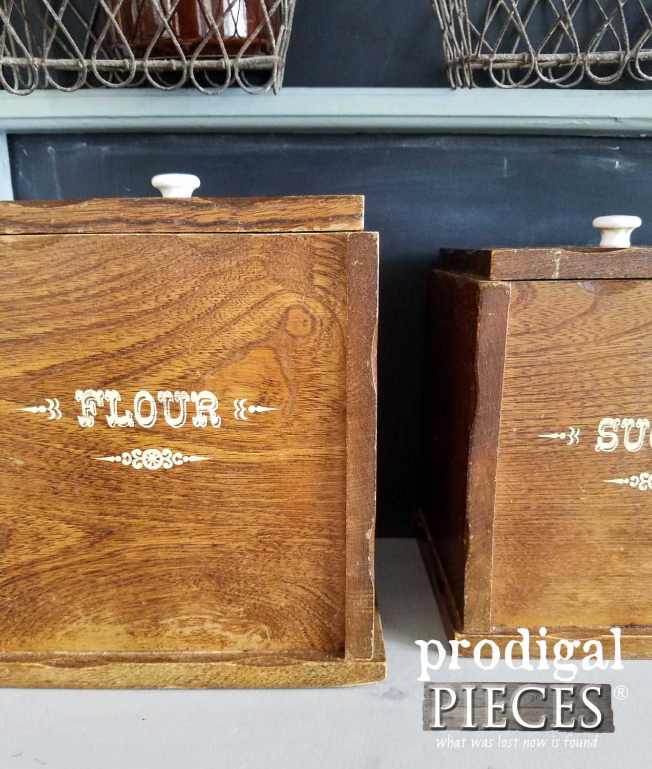 Vintage Wooden Kitchen Canisters with Lids Set of 3