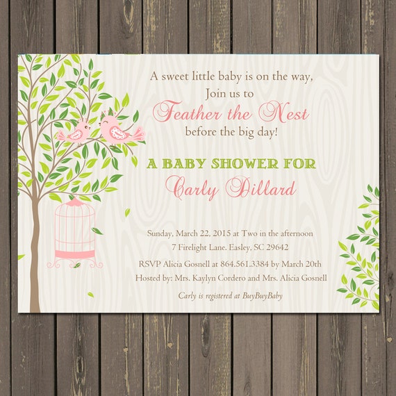 Bird Baby Shower Invitation, Feather the Nest Baby shower Invitation, Bird Cage Shower Invite, Pink or Blue, Printable or Printed Il_570xn
