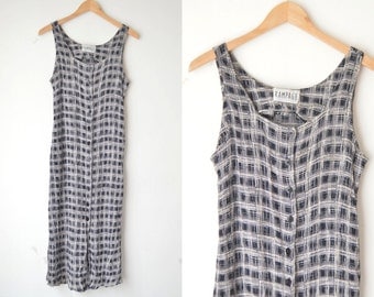 black and white checked tartan plaid button down maxi dress 90s // S-M