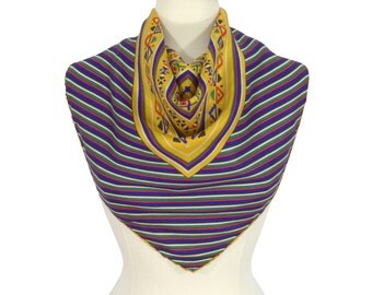 Southwest Vintage 1980s Southwestern Boho Scarf Foulard Silk Primary Colors Yellow Red Blue Green Bohemian Hippie Rolled Hems