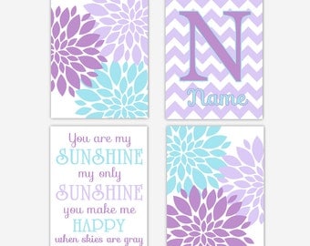 Baby Girl Nursery Wall Art Purple Teal You Are My Sunshine Personlize Art Girl Room Flower Burst Floral Baby Nursery Decor Art