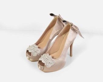 The Proposal Dark Champagne Satin Wedding Heels, Bridal Heels, Swarovski Heels, Bridal Shoes, Dark Champagne Heels