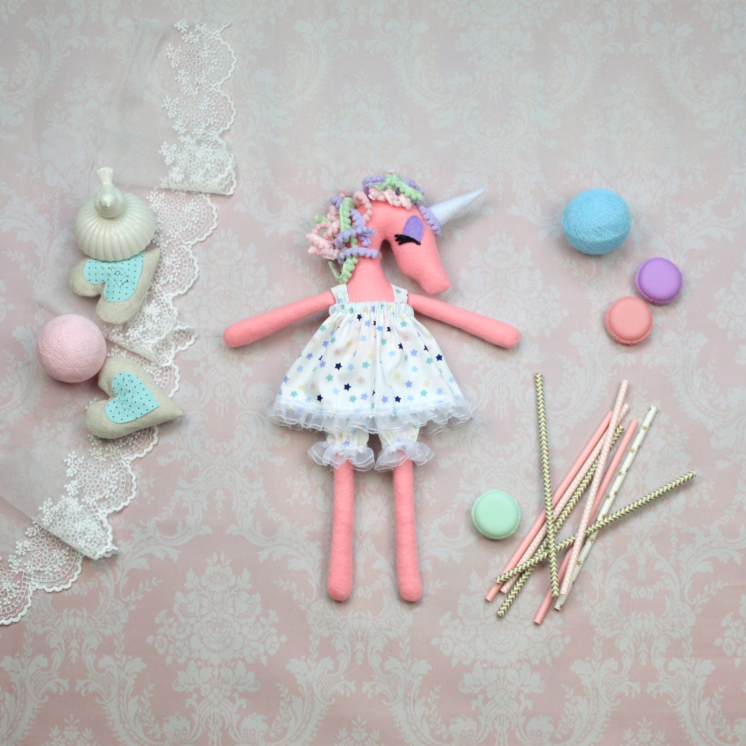 Plush unicorn doll Felt stuffed unicorn toy Cloth doll Art ...