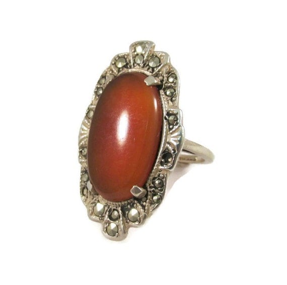 Vintage Art Deco Carnelian and Marcasite Sterling Silver Ring