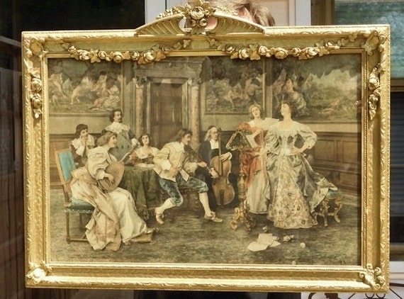 Rococo Style Genre Scene 1900s Victorian Antique Hand Tinted Lithograph Print Federico Andreotti by Fishel Adler Schwartz Co NY 1902 Art