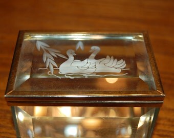 Vintage Glass Trinket Box, Beveled Glass Box, Etched Swan, Jewelry box