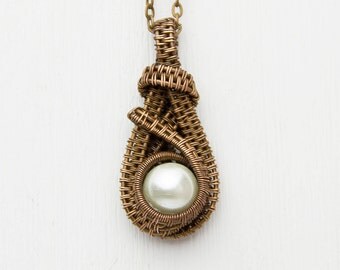 Wire Pendant Copper Wrapped Pendant Wire Wrapped Jewelry Copper Pendant Pearl Copper Necklace Primitive Pendant Rustic Boho pendant