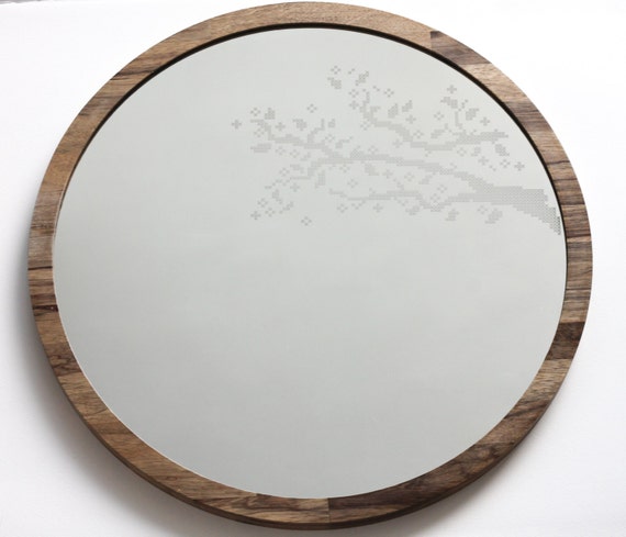 Items similar to Large round mirror // Branches cross stitch mirror