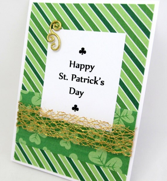 Happy St. Patrick's Day - St. Patrick's Day Card - Irish - Green and Gold Card - Blank Card - Shamrocks - Gold Accents - Green Striped Card
