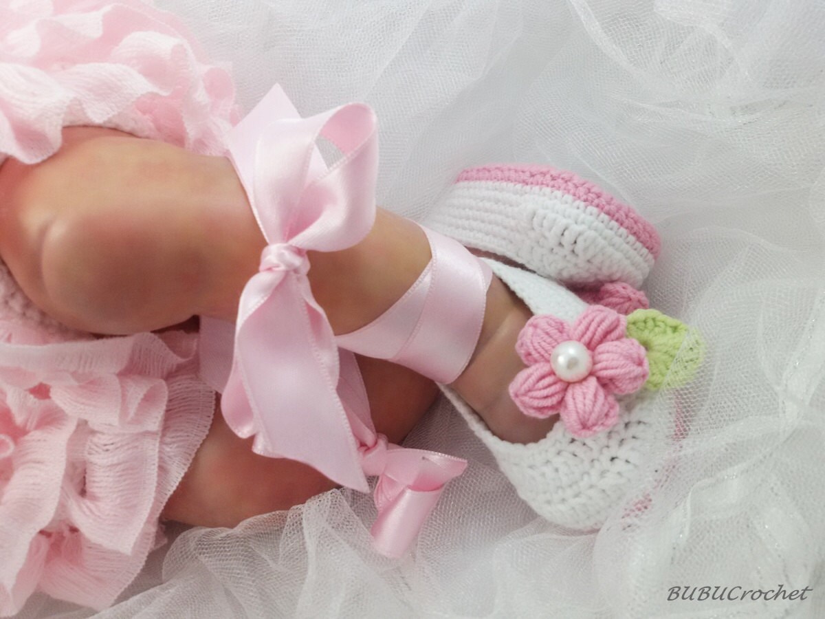 Crocheted Ballet Baby Booties in White and Dusty Rose Pink