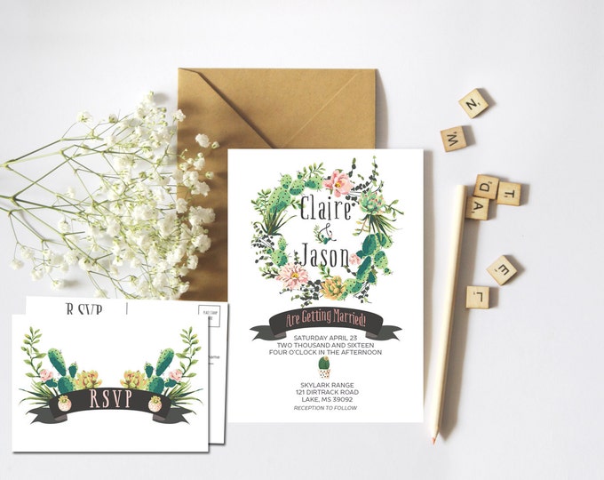 Aztec Cactus and Floral Wedding Suite - PRINTABLE Invitation // RSVP // Information Card // Full suite or separate purchase