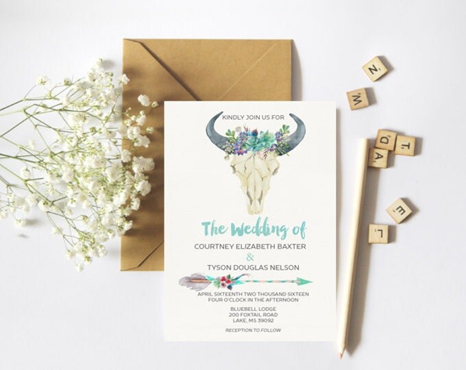 Boho Floral Bull Head Wedding Suite - PRINTABLE Invitation // RSVP // Information Card // Full suite or separate purchase