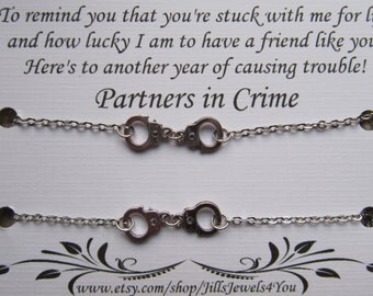 Best Friend Bracelet, Partners in Crime Bracelet with handcuff charms, 2 Friendship Bracelets, BFF gift, Christmas Present, Stocking Stuffer