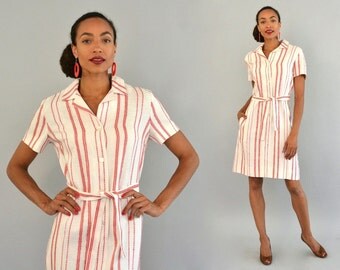1960s I. Magnin Dress - Vintage 60s Pink and White Linen Shirt Dress with Belt Short Sleeve Sheath Shirtwaist Dress High End Designer Dress