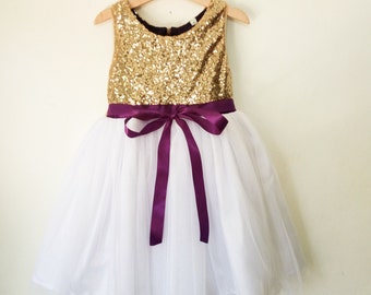flower girl's dress gold, white and purple, gold sequined and purple dress, gold flower girl dress