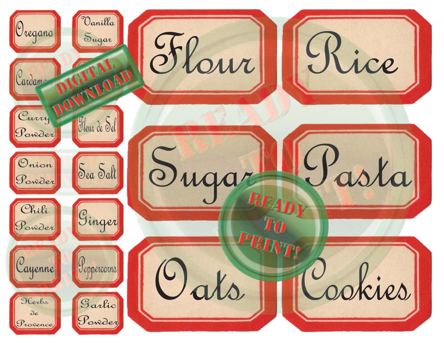40 kitchen labels printable red vintage style canister herbs