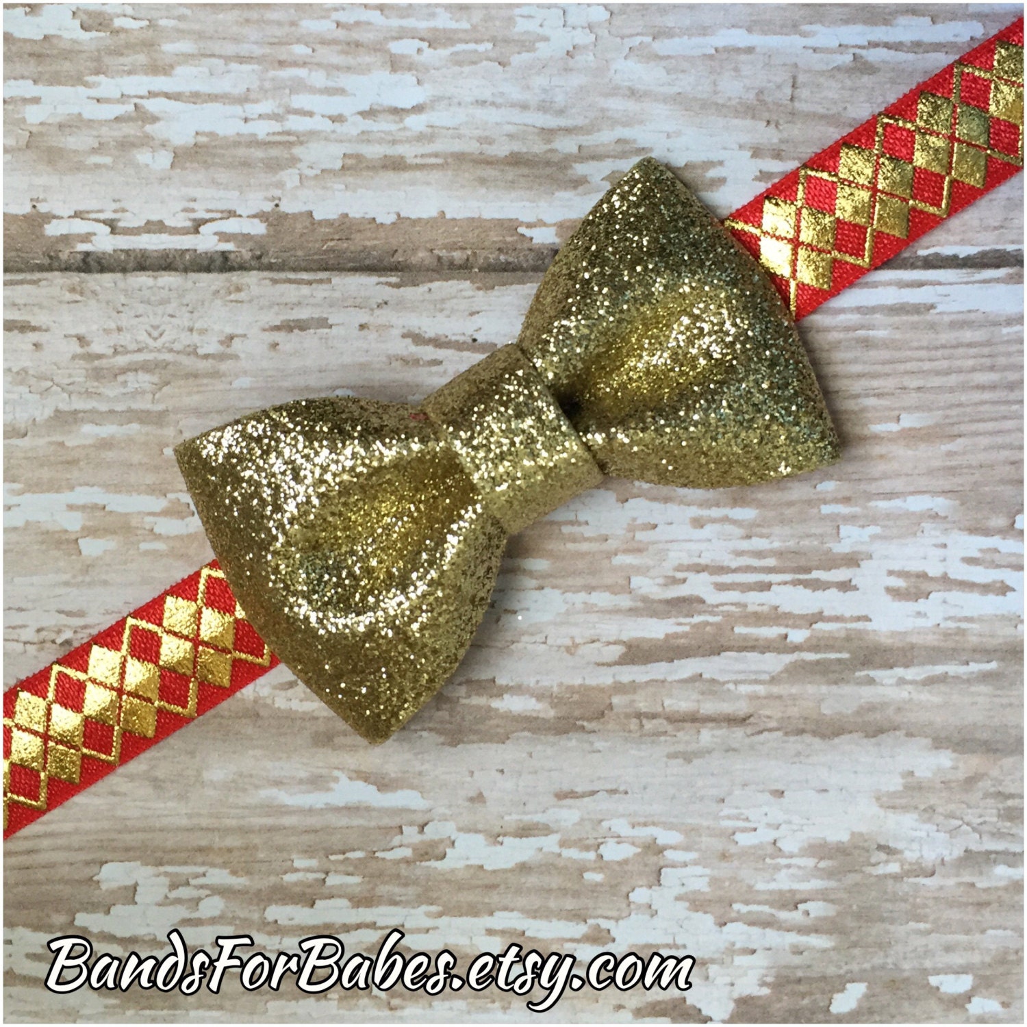 SALE Girls Gold Glitter Bow Elastic Headband Baby Headband