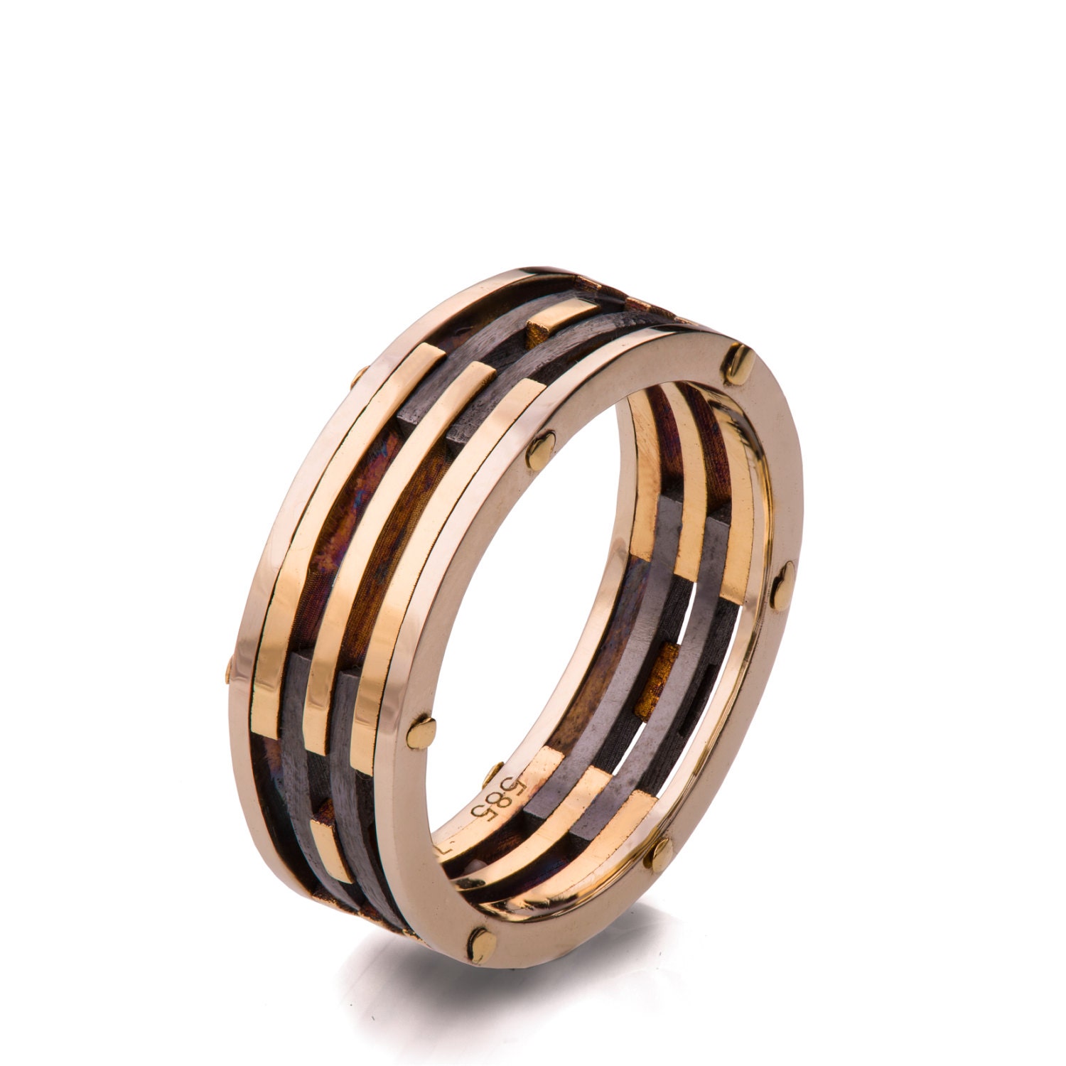 Gold Wedding Band Men's 18K Gold and Oxidized Silver