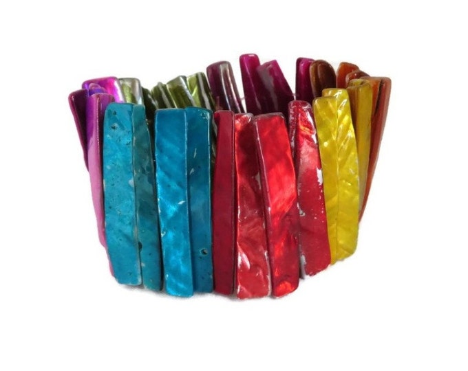 Vintage Shell Bracelet - Multi Color MOP Stretch Bracelet, Colorful Dyed Shell Bracelet