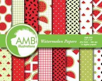 Watermelon digital papers, Picnic papers, Watermelon scrapbook papers, Red and green Watermelon Patterns, commercial use, AMB-899