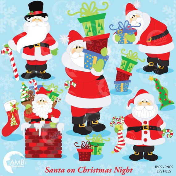 Santa Clipart, Santa Claus Clipart, Christmas Clipart, Christmas Night Clip Art, Santa in chimney clipart, AMB-506 Il_570xn