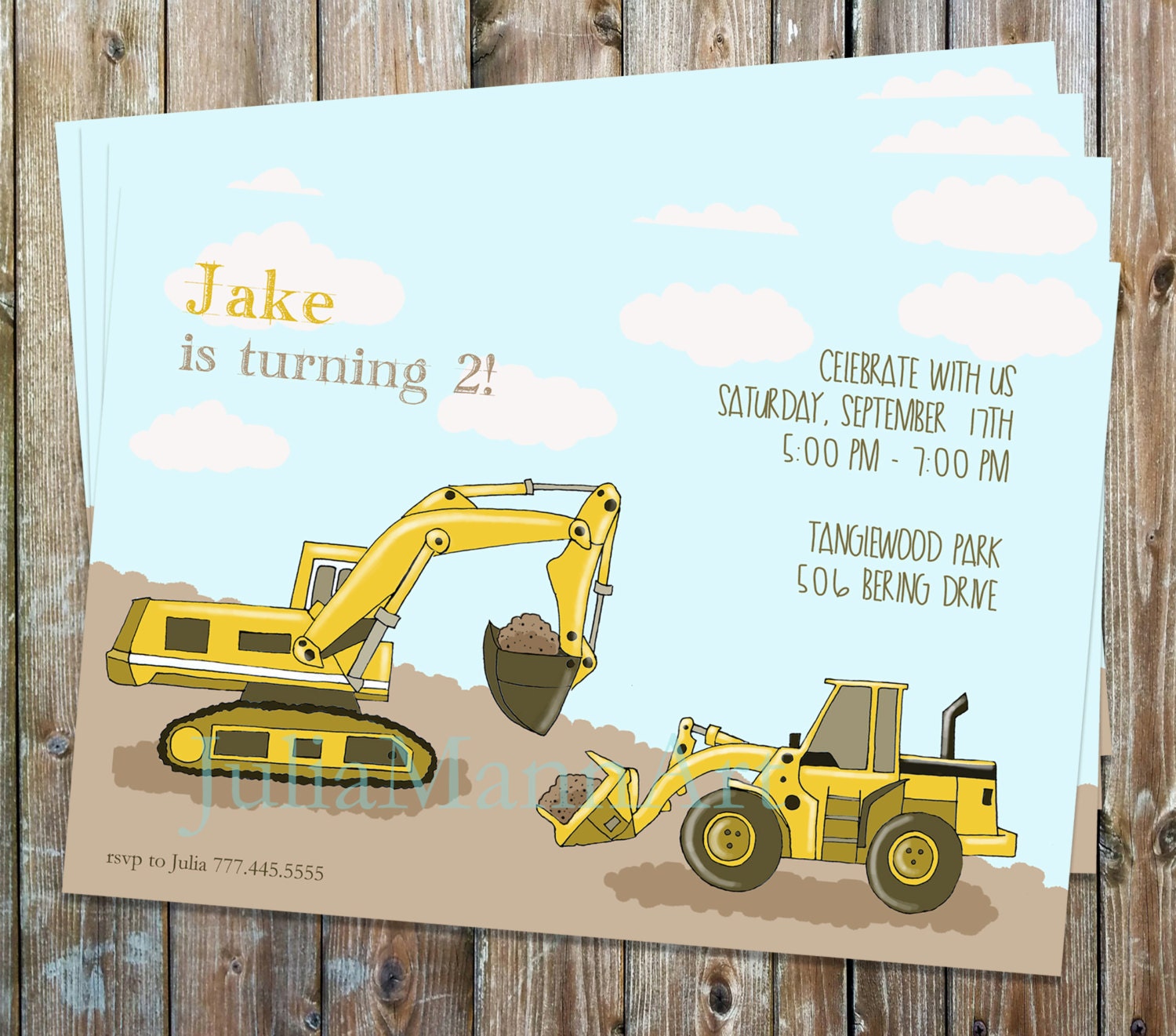 Digger Construction Vehicle Birthday Invitation Digital