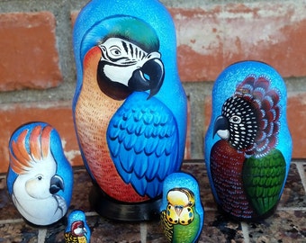 Parrot on Five Russian Nesting Dolls. Small. Hand Painted. Birds.