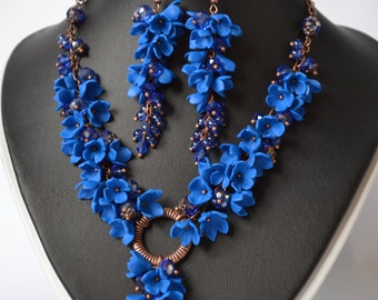 Necklace in polymer clay Jewelry with flowers flowers from polymer clay blue necklace boho necklace Necklace Earrings Set Gift For Her