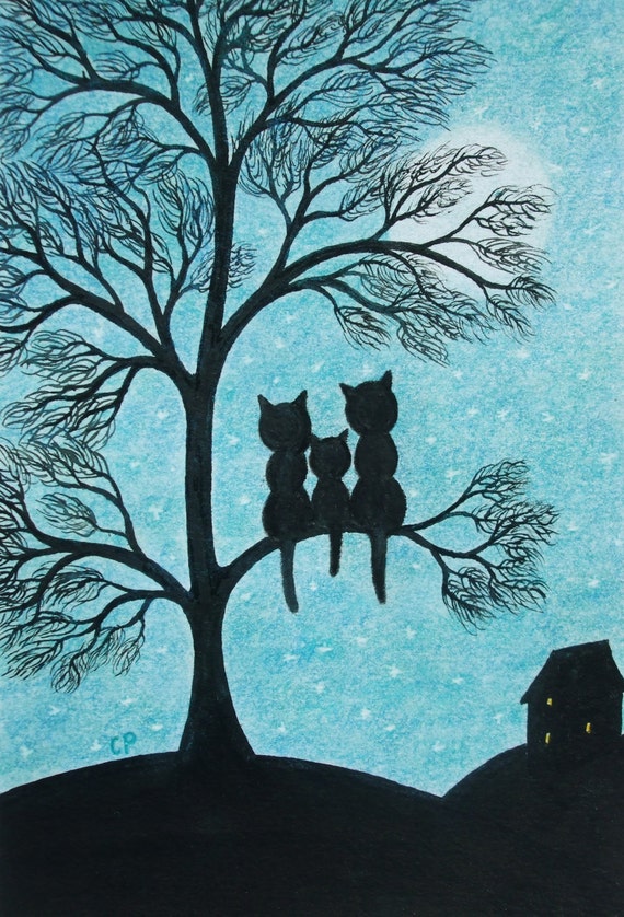 Cat Art Print Black Cats Tree Moon Picture Children Art