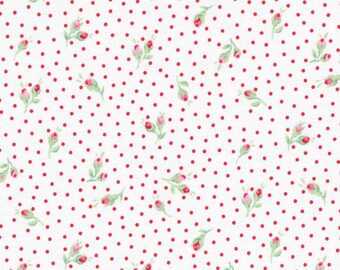 Lecien Flower Sugar, Fall 2015, White with Tiny Rosebuds and Red Polka Dots, Half Yard, LEC31271-30