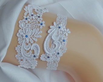 Venice Lace Wedding Garter Set, Something Blue Sapphire Garter Set, Ivory Lace Garters with Sapphire Swarovski Crystals, White Lace Garter