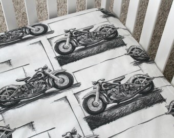 Vintage Motorcycle Baby Bedding Fitted Crib Sheet / Changing Pad Cover / Minky Backed Blanket