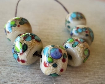 Glass Lampwork Bead set of 6 (not etched) Cream Speckled
