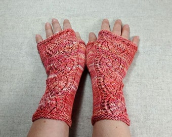 Fingerless Gloves Lace "Leaves" coral, salmon, knitted mittens, arm warmers, wedding