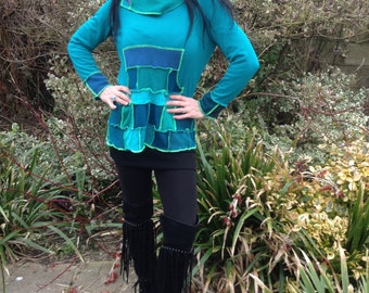 upcycled aqua blues jumper/hoody size uk10-12