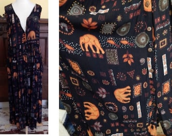 VTG 90's grunge BILA dress India rayon black elephants hippie Gypsy maxi