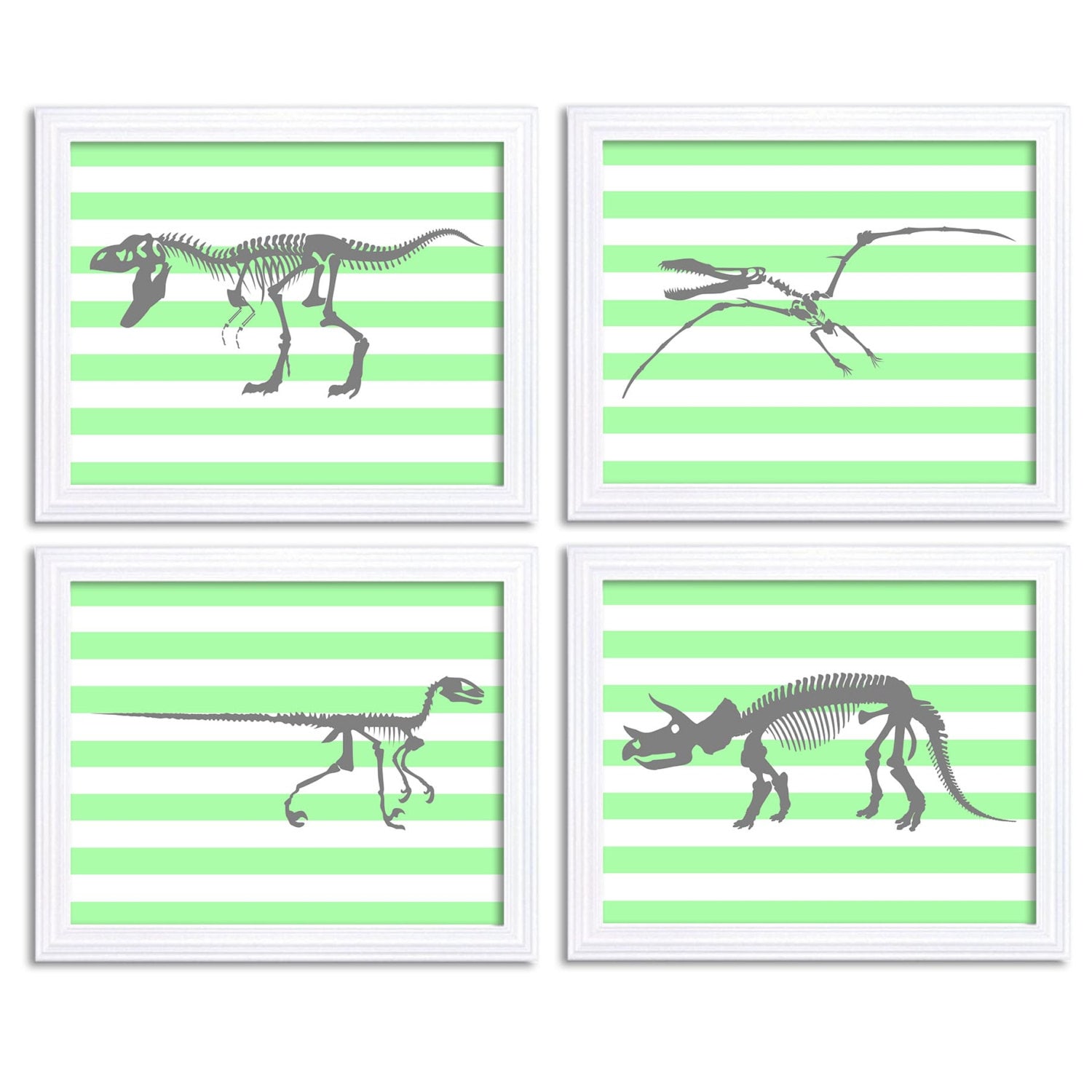 Dinosaur Nursery Art Set of 4 Print Bone Skeleton Mint Green Grey Gray Boy Wall Decor Tyrannosaurus 