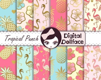 Flamingo Digital Paper, Gold Pineapple, Digital Paper: Summer, Scrapbook Page Kits, Tropical Punch