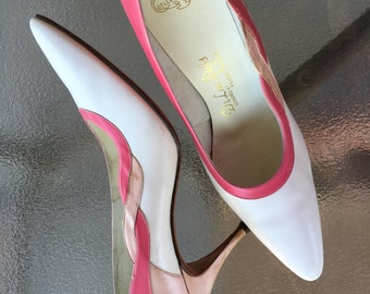 Vintage De Liso Debs designer stilettos, pink and white high heels, size 10 AA, leather pumps