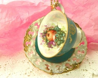 Very Fine Vintage Bone China Tea Cup and Reticulated Saucer by Royal Halsey Fruit Bouquet