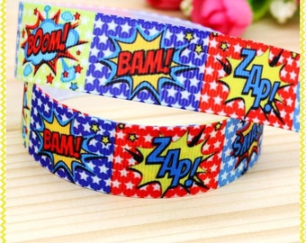 Superhero Slogans Ribbon 22mm 7/8 " Cake Decoration Pram Clips Hairbow Ribbons Party Favors Superhero Ribbon Bam Zap Boom Ribbon