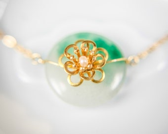 Chinese Jade Necklace in Gold, Semi-Precious Stone Necklace, Chinese Jewelry